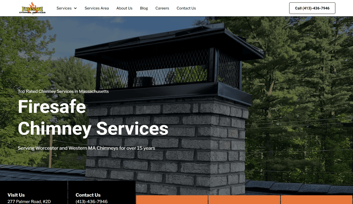 Screenshot of a website for Firesafe Chimney Services, featuring their logo, contact info, and a navigation menu. The site’s clean website design showcases chimney repair services in Massachusetts and highlights the company’s local SEO presence.