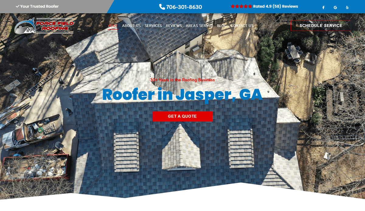 Aerial view of a house with a new grey shingle roof. Website banner features Roofer in Jasper, GA, company logo, contact info, review rating, red Get a Quote button, and standout website design to attract local leads.