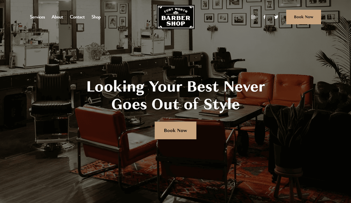 A stylish barber shop interior with leather chairs, mirrors, and framed photos on the wall. A headline reads, “Looking Your Best Never Goes Out of Style,” with a “Book Now” button—your guide to great grooming and website design inspiration.