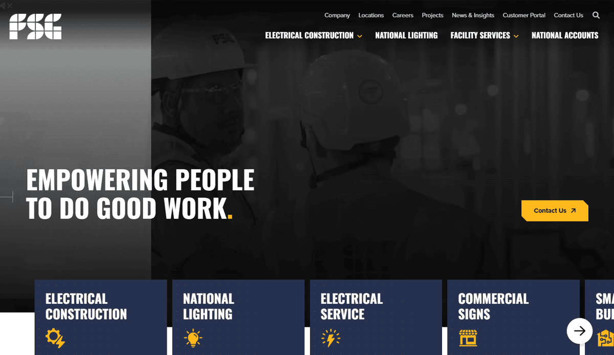 A homepage for a commercial electrician features workers in hard hats, the slogan Empowering People To Do Good Work, and intuitive website design with navigation menus for services like lighting, service, and commercial signs—a site that converts visitors into clients.