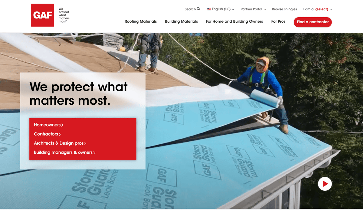Two workers install blue GAF roofing material on a house roof. Large text reads We protect what matters most, with buttons for Homeowners, Contractors, Architects, and Building Managers. Ideal for commercial roofing and local leads. GAF logo is in the top left corner.