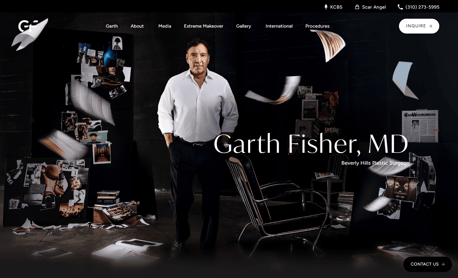 A man stands confidently in a stylish office with scattered photos, papers flying, and shelves of books and photographs—showcasing Garth Fisher, MD Beverly Hills Plastic Surgeon. The scene reflects how effective cosmetic surgery website design can build trust.