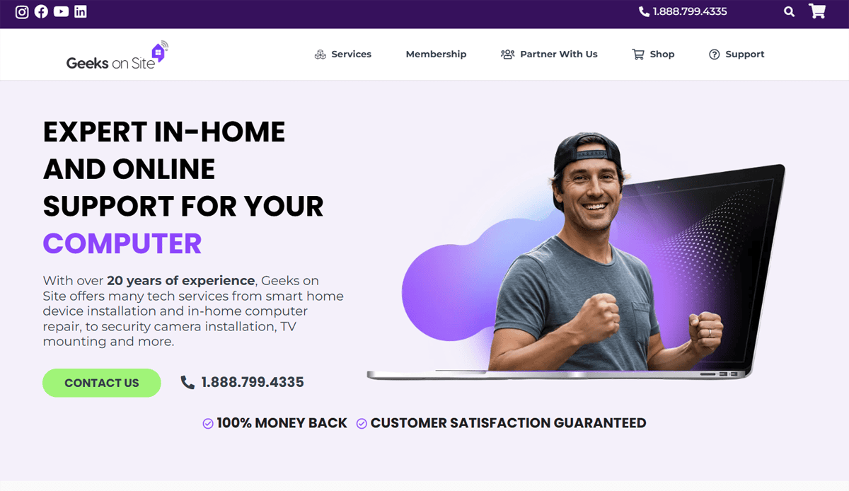 A website banner for Geeks on Site shows a smiling man in a backwards cap and grey shirt giving a double fist pump, with a laptop beside him. The text promotes expert in-home and online computer repair support for 2025.