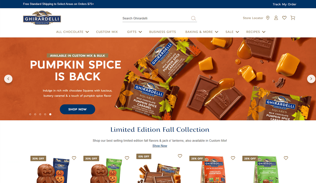 Screenshot of the Ghirardelli candy website design highlighting Pumpkin Spice chocolate products with a banner reading Pumpkin Spice is Back, fall-themed decorations, and featured limited edition chocolates below—showing their effective website and online presence.