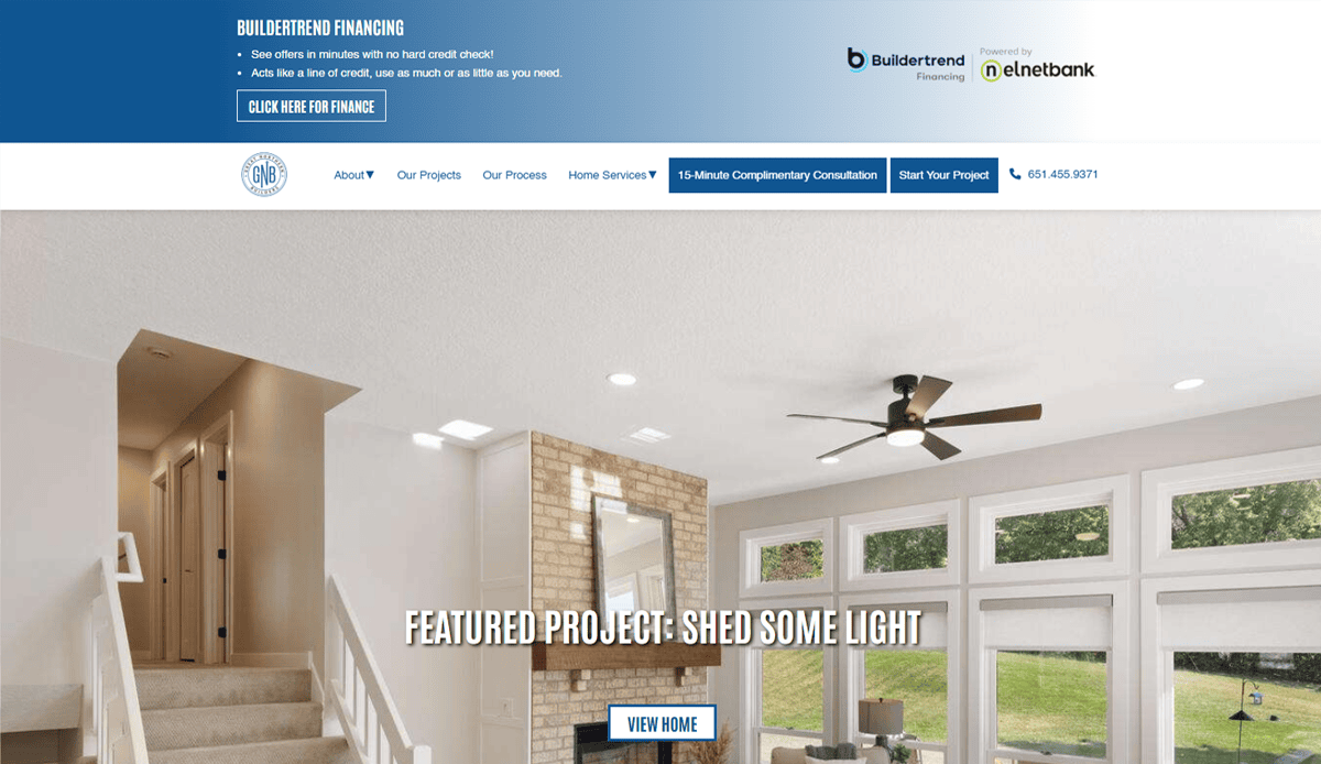 Screenshot of a home remodeling website design for carpenters, showcasing a modern living room with large windows, ceiling fan, and brick accent wall. The header highlights navigation menus and financing info—ideal for a high-converting portfolio site.