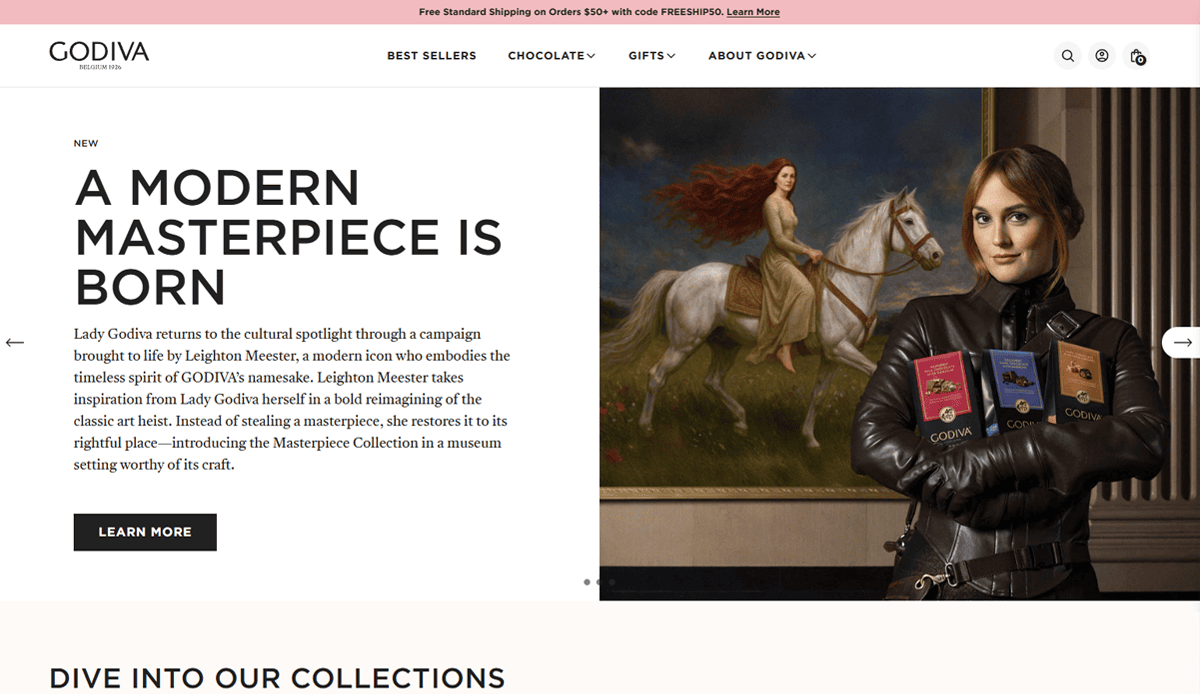 Homepage of Godiva’s candy website design featuring a woman holding three chocolate bars in front of a classic painting. Text on the left reads, A MODERN MASTERPIECE IS BORN, highlighting the chocolate collection campaign.