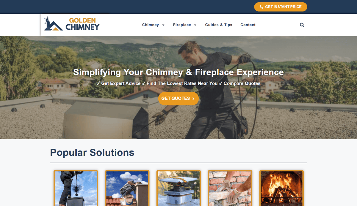 A man in work clothes inspects a chimney on a rooftop; the “Golden Chimney” header and navigation links are visible. The main text highlights chimney and fireplace services, with popular solutions and local SEO-friendly design elements below.