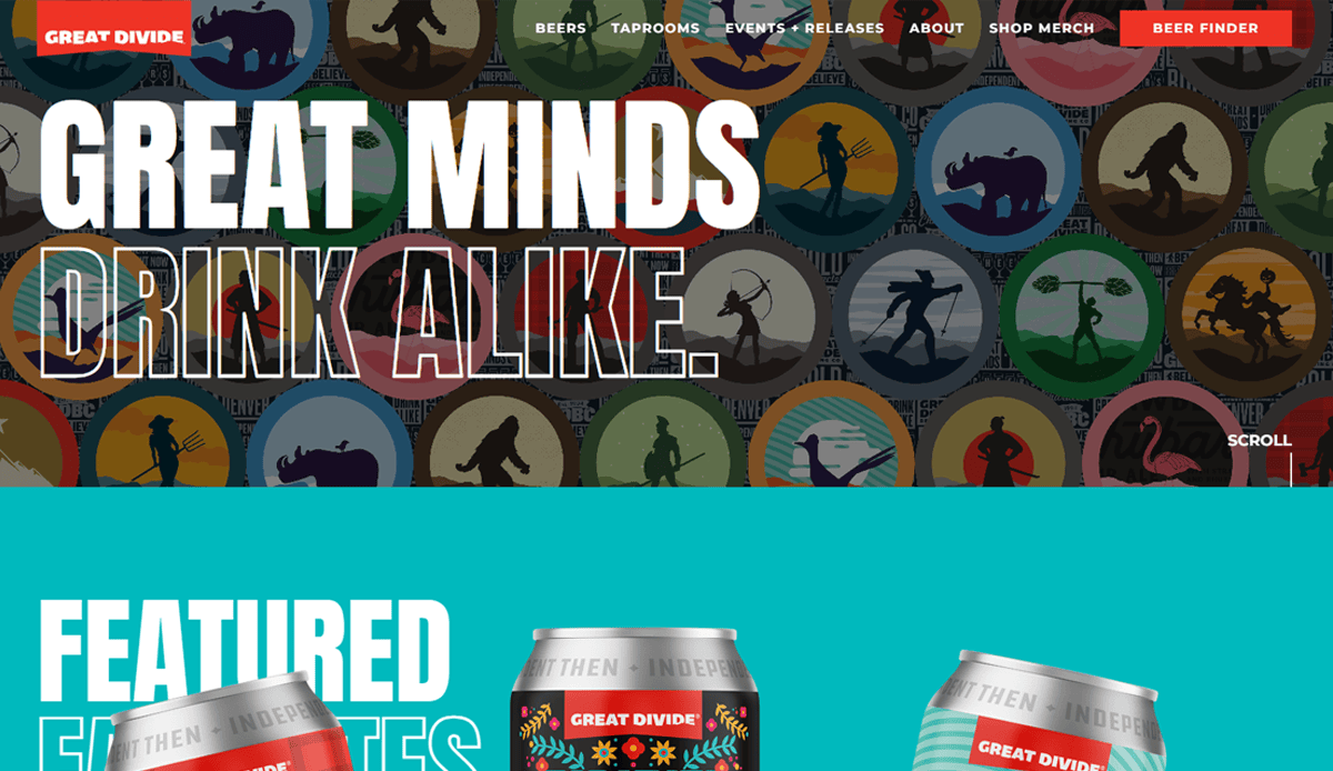 Screenshot of the Great Divide Brewing Company website showcasing modern brewery website design, with the slogan Great Minds Drink Alike over vibrant animal and beer can illustrations, plus stylish navigation links at the top.