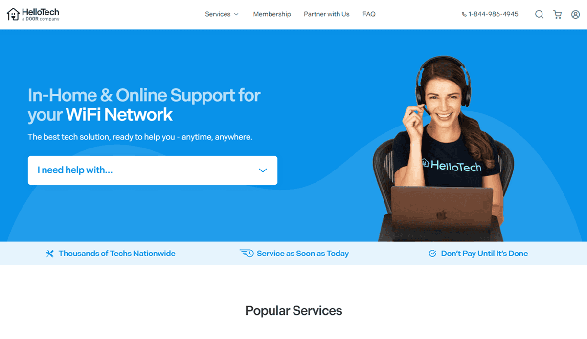 A smiling woman wearing headphones sits at a desk with a laptop, ready to help. The text advertises in-home and online WiFi network support, computer repair, and technical services from HelloTech—your trusted tech partner for 2025.