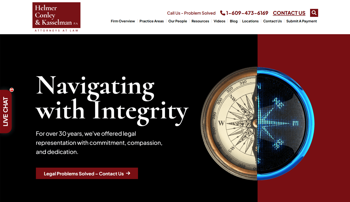 Homepage for Helmer Conley & Kasselman, P.A. features a compass and "Navigating with Integrity," optimized for SEO to boost conversions. Includes contact information and a navigation menu for legal services—classic attorney website design.