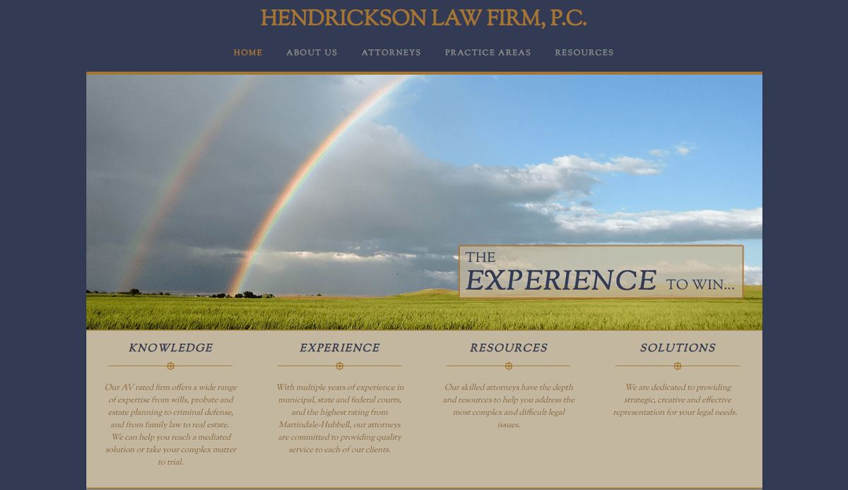 Screenshot of the Hendrickson Law Firm website homepage featuring a double rainbow over a field, the firm’s name at the top, and sections about knowledge, experience, resources, and solutions—all crafted for optimal Attorney Website Design and conversions.