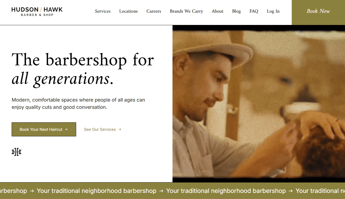 A barber wearing a hat trims a client’s hair in a warmly lit barber shop. Text reads, “The barbershop for all generations,” with buttons to book appointments and view services—showcasing sleek barber shop website design on the left side.
