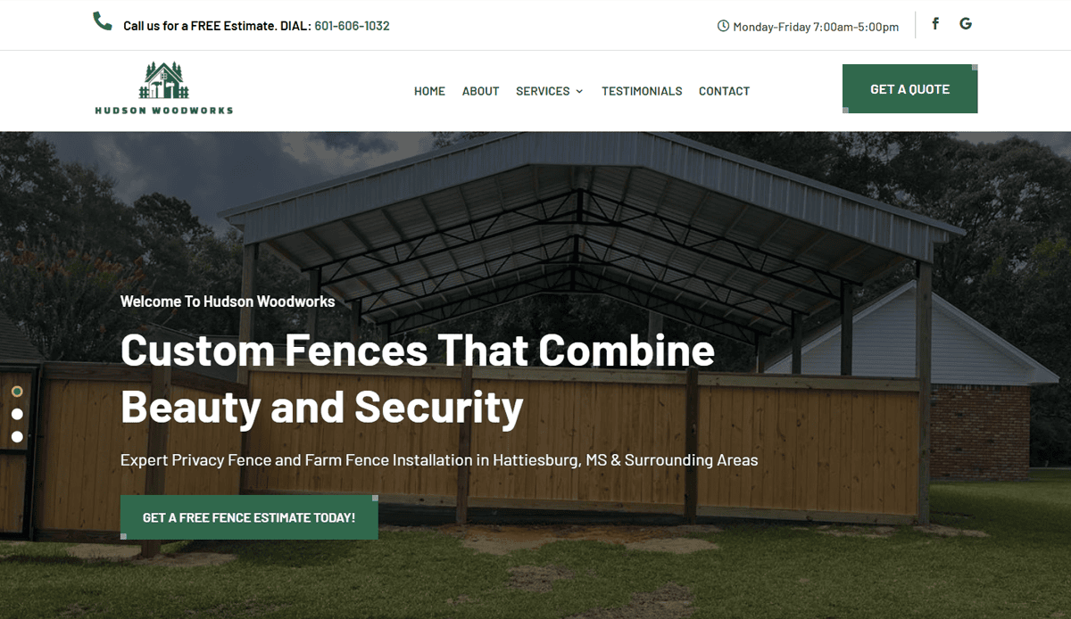 Screenshot of Hudson Woodworks’ high-converting website design for carpenters, featuring a covered outdoor structure and custom fence installation in Hattiesburg, MS. The site emphasizes beauty, security, and a free fence estimate offer.