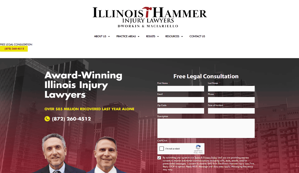 Screenshot of the Illinois Hammer Injury Lawyers website highlights expert Attorney Website Design, displaying their logo, phone number, photos of two lawyers, and a free consultation form—all optimized for SEO and conversions against a cityscape backdrop.