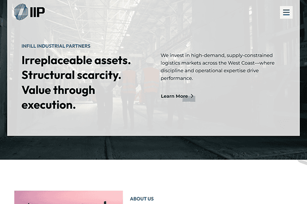 Website homepage for Infill Industrial Partners (IIP) featuring a headline about investing in logistics markets, with a blurred industrial warehouse background and text highlighting Infill Industrial Partners’ asset value and execution.
