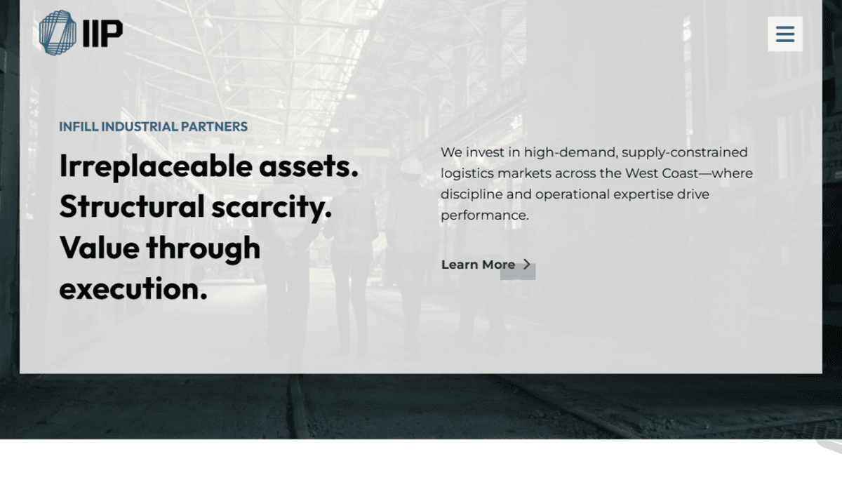 Screenshot of the Infill Industrial Partners website, featuring a cityscape background, company logo, navigation menu, company summary, infill investment strategy, and contact information in a modern, blue and white layout.