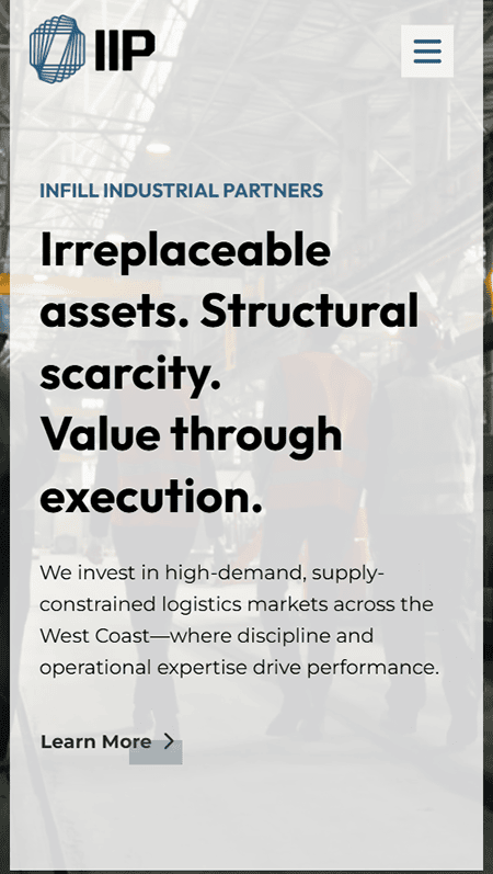 Screenshot of a website for IIP Industrial Partners, showcasing its focus on industrial real estate with a homepage featuring navigation, company mission, a landscape image, investment strategy section, and team members with their roles.