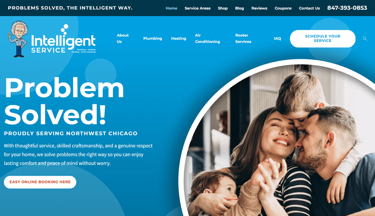Homepage of a service company featuring a blue background, company logo, navigation menu, and contact number. On the right, a happy family smiles and embraces—highlighting satisfaction with our high-conversion plumbing website design.
