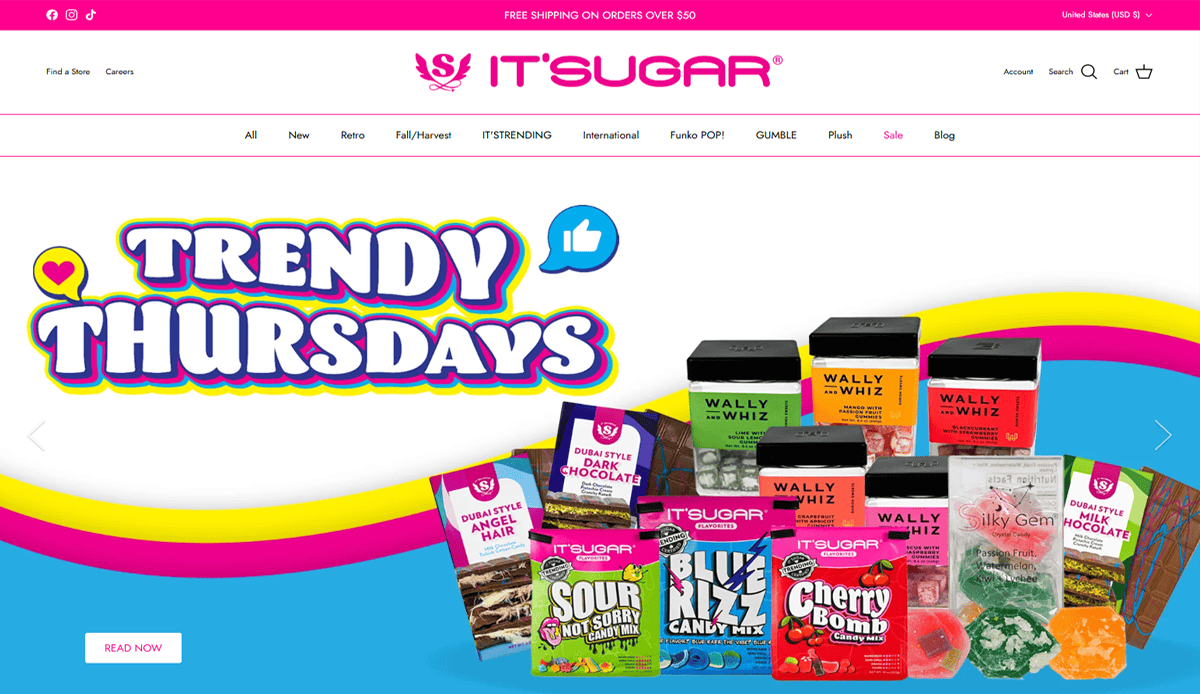 Colorful Candy Website Design homepage featuring a large TRENDY THURSDAYS banner, various candy packages displayed at the bottom, and a bright, playful design with pink and yellow accents for a fun online presence.