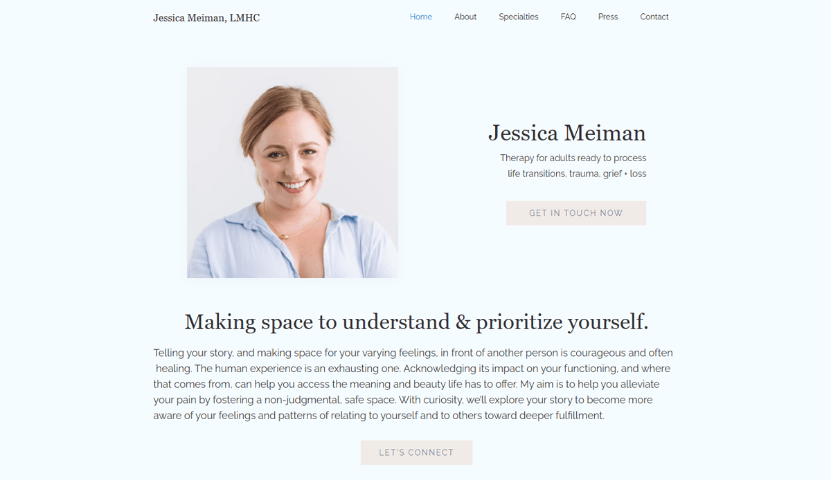 A client-centered therapist’s homepage featuring Jessica Meiman’s photo, credentials, an intro on prioritizing oneself, therapy services overview, and a “Get in Touch Now” button—crafted with thoughtful psychotherapist website design.