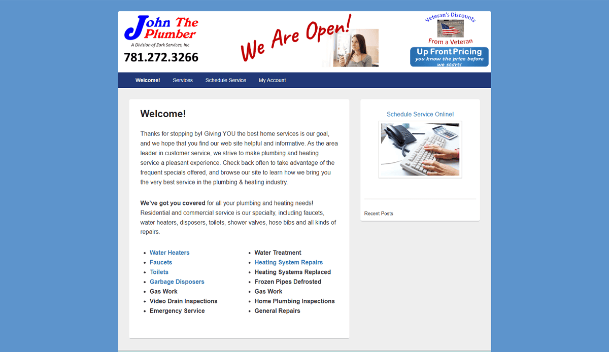 Screenshot of a high-conversion plumbing website design featuring contact info, a “We Are Open!” banner, welcome message, list of services, sidebar for online scheduling, and an “Up Front Pricing” badge—perfect for SEO-ready websites.