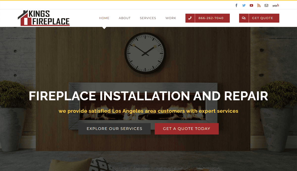 A website homepage for Kings Fireplace featuring a modern fireplace, navigation menu, company logo, and buttons to explore services or get a quote—designed to build trust online and attract local leads for fireplace installation and repair.