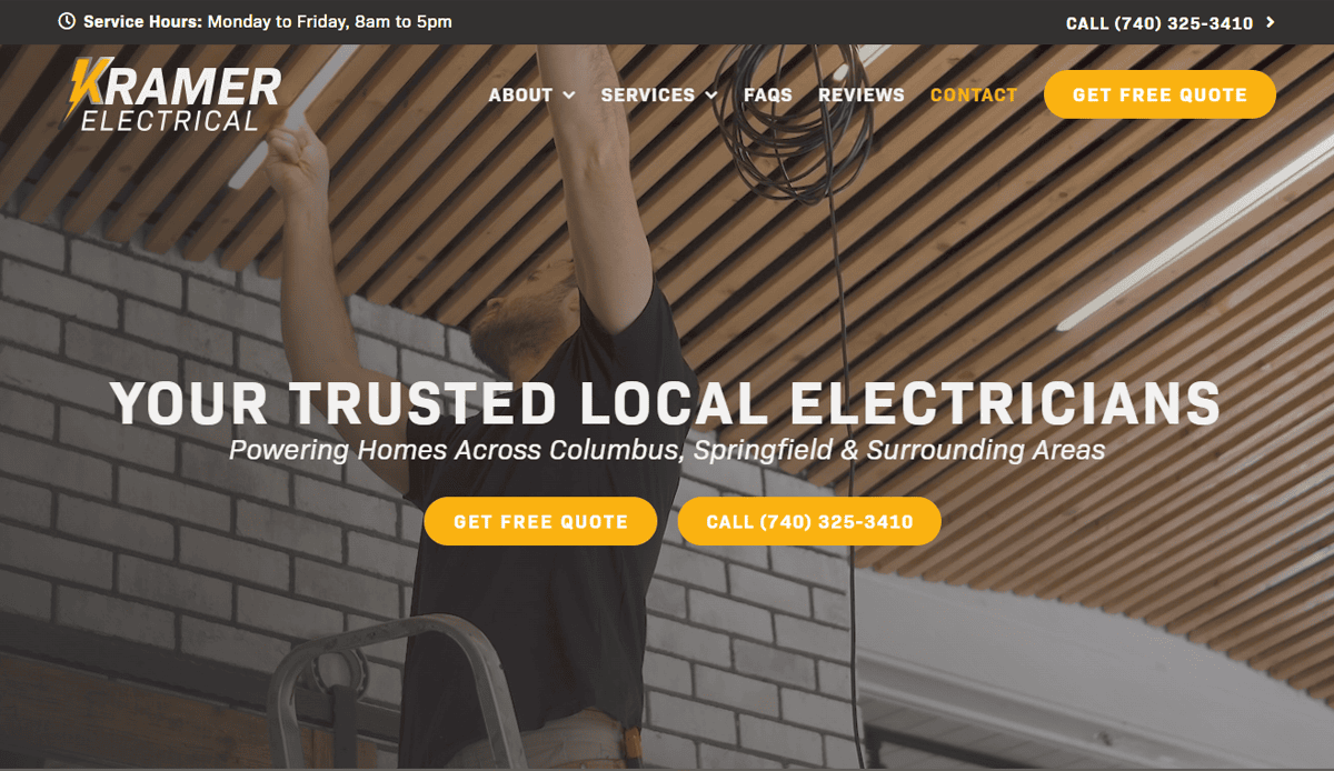 A male commercial electrician works on ceiling wiring in a modern space. Overlay text reads “Your trusted local electricians—Powering homes across Columbus, Springfield & surrounding areas.” Kramer Electrical branding and website design visuals are visible.