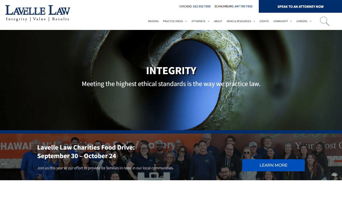Screenshot of the Lavelle Law website homepage featuring their logo, contact numbers, navigation menu, a close-up image of a gavel, and a banner about a charity food drive event—showcasing effective Attorney Website Design for better SEO.