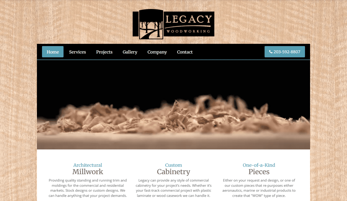 Screenshot of the Legacy Woodworking portfolio site homepage, featuring a logo, navigation menu, phone number, and a header image of wood shavings. Carpenters' services are showcased in Millwork, Cabinetry, and Custom Pieces categories.