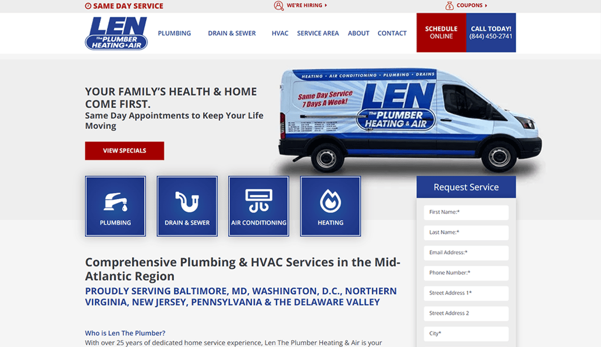 A homepage for Len The Plumber Heating & Air, featuring a blue and white service van, service buttons for plumbing, drain & sewer, air conditioning, and heating—showcasing high-conversion website design and a convenient request service form on the right.
