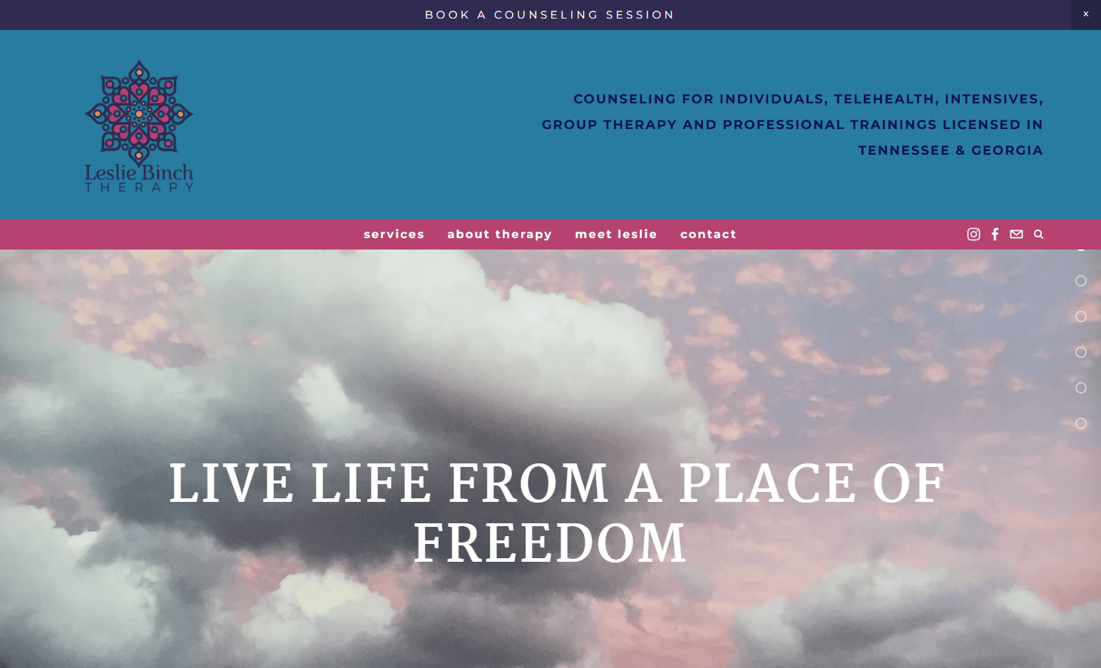 Screenshot of the Leslie Finch Therapy psychotherapist website design, featuring a cloudy pink sky, the text LIVE LIFE FROM A PLACE OF FREEDOM, and navigation links for services, therapy, about, and contact.