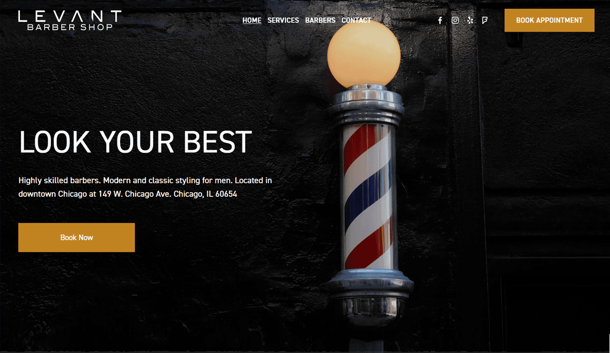A classic barber pole with a round light on top stands against a dark background. Text promotes Levant Barber Shop in Chicago, your guide to modern and classic men’s styling, with options to book an appointment through their website design.