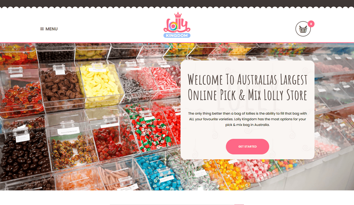 A colorful pick-and-mix lollies display with clear containers of assorted candies. Showcasing strong Online Presence, the website reads Welcome to Australias Largest Online Pick & Mix Lolly Store with a GET STARTED button.