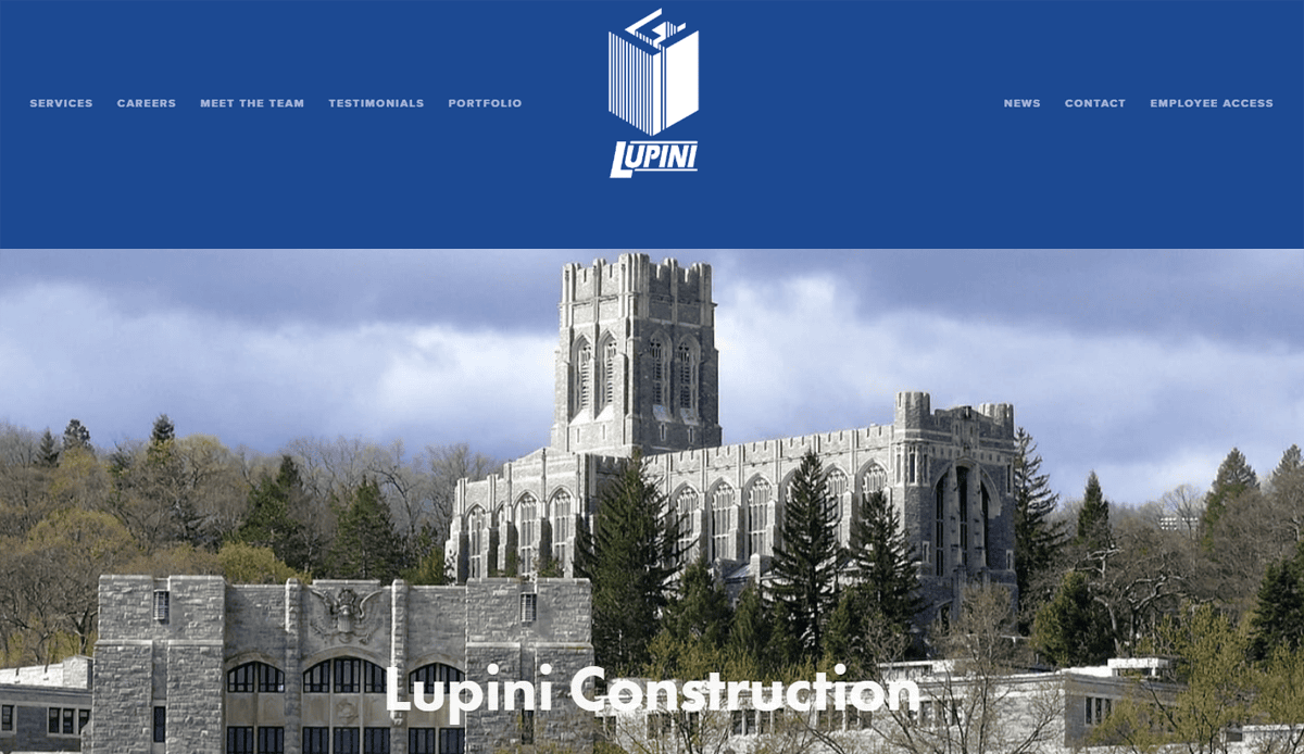 Screenshot of the Lupini Construction website homepage, designed to build trust online, featuring a large stone building surrounded by trees, with a blue banner at the top displaying the Lupini logo and navigation menu items.
