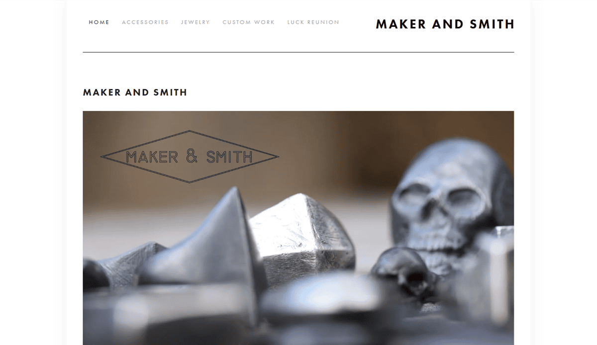 Close-up of metallic geometric shapes and a skull on a surface. MAKER & SMITH appears in a diamond outline above, highlighting their portfolio site. Website navigation includes Home, Accessories, Jewelry, Custom Work, and UCCE Reunion.