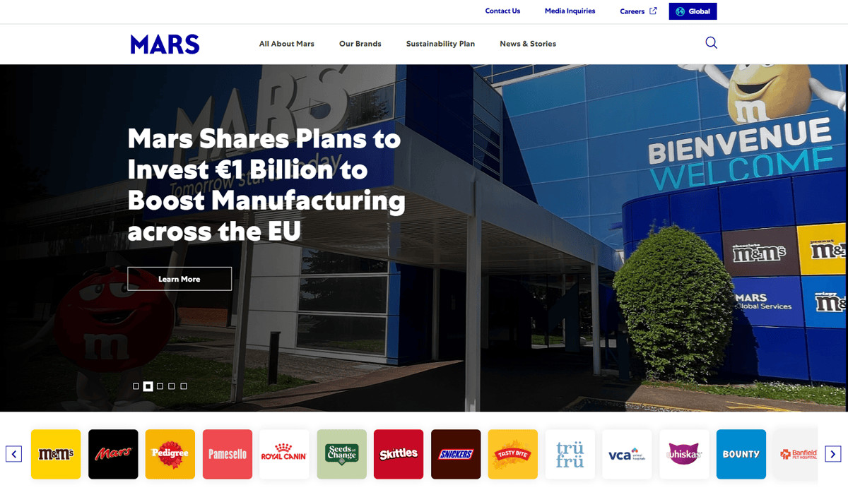 Mars company website homepage showcasing the headline "Mars Shares Plans to Invest €1 Billion to Boost Manufacturing across the EU." This vibrant Candy Website Design features a Mars building entrance and logos of various Mars brands along the bottom.