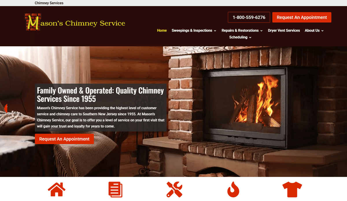 A warm living room with a lit fireplace, brick chimney, and a banner for Mason’s Chimney Service. The chimney repair website design features a phone number, service menu, and a “Request An Appointment” button.