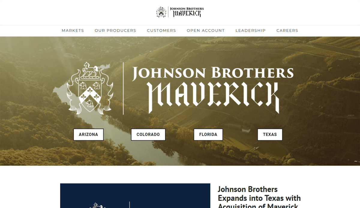 Website homepage for Johnson Brothers Maverick, a leading beverage distributor, features a gold and white crest logo, navigation menu, and a scenic aerial view of a river and forest. State selection buttons for Arizona, Colorado, Florida, and Texas are visible.