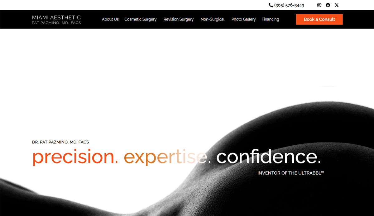 A cosmetic surgery website design for Miami Aesthetic, featuring a close-up grayscale photo of body curves and the words “precision. expertise. confidence.” in bold text—crafted to build trust and convert patients, with navigation and contact info at the top.