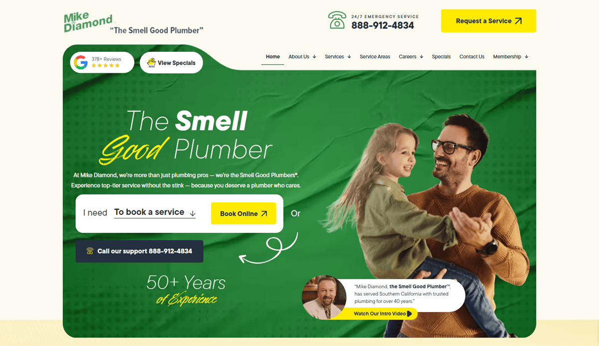 Screenshot of the Mike Diamond Plumbing website featuring a high-conversion plumbing website design with a man and young girl smiling, service options, contact info, and the slogan The Smell Good Plumber on a green background with yellow accents.