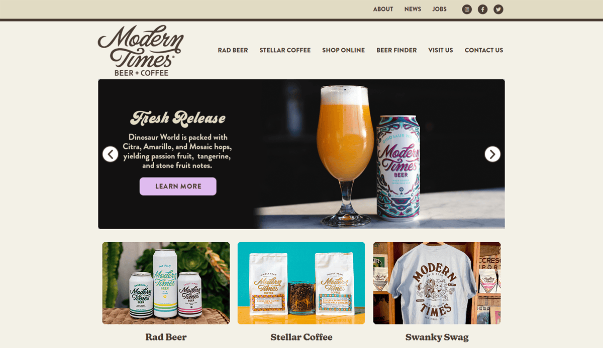 Screenshot of the Modern Times Beer + Coffee brewery website design homepage featuring a menu, a highlighted beer release with a glass and can, and sections for Rad Beer, Stellar Coffee, and Swanky Swag—showcasing trends and future-ready features.