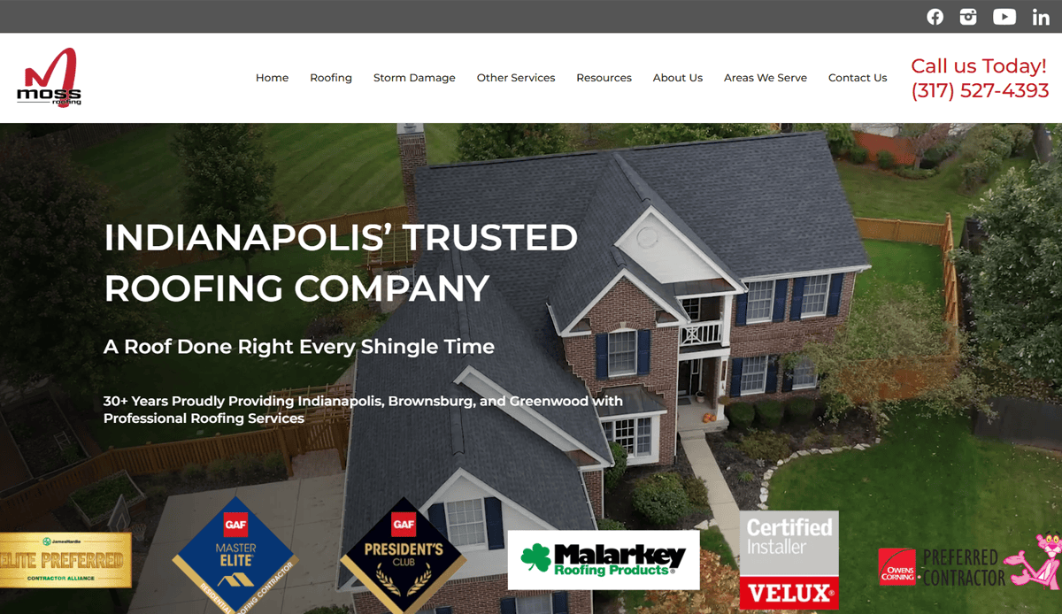 A website homepage for an Indianapolis roofing company features an aerial view of a large house with a new roof, company logo, navigation menu, contact number, and roofing certifications—showcasing expert Commercial Roofing Website Design.