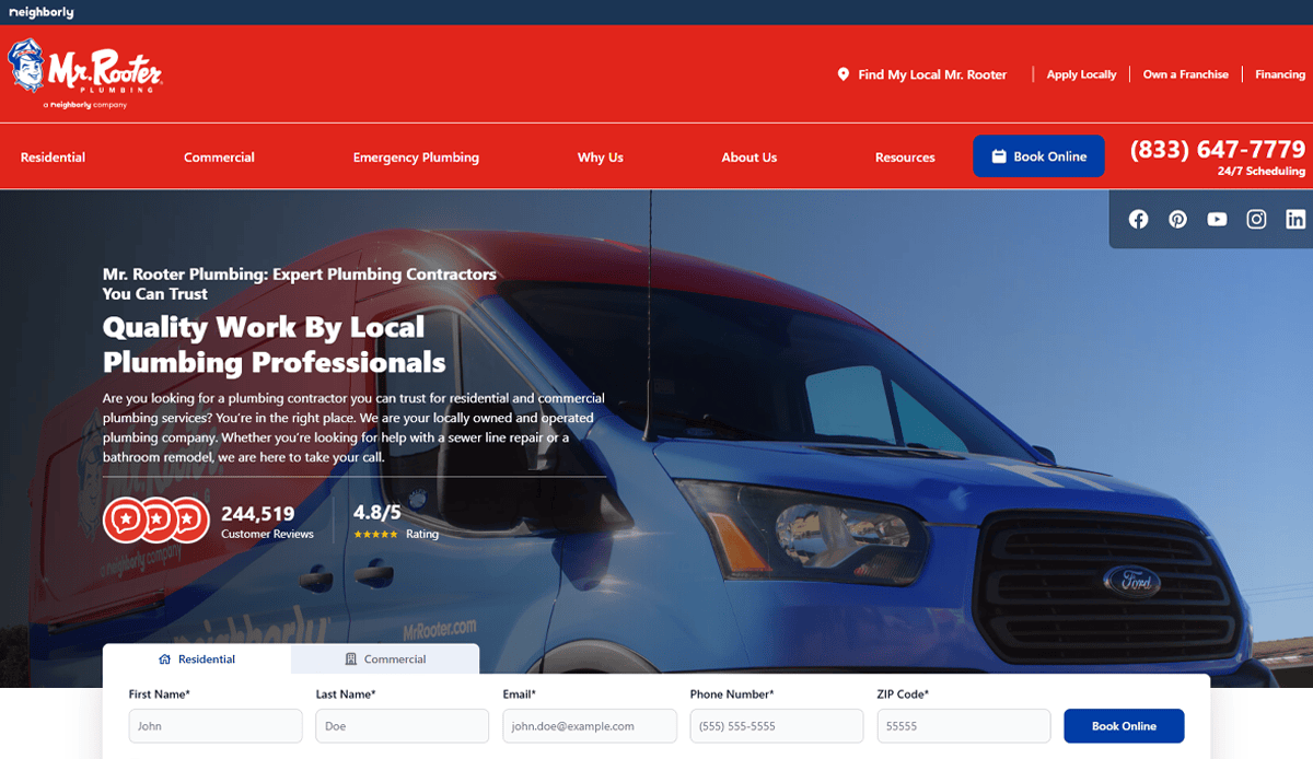Screenshot of Mr. Rooter Plumbing’s homepage, highlighting a blue and red van, contact info, service booking form, ratings for residential and commercial plumbing services—all showcased in a professionally crafted plumbing website design. The site header is red and blue.