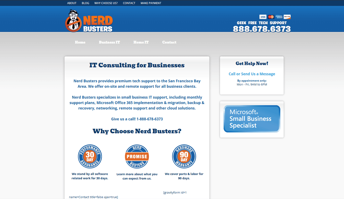 Screenshot of the Nerd Busters website homepage, highlighting IT consulting and computer repair services for businesses, a tech support phone number, and a 90-day guarantee. The modern website design features blue and orange accents.