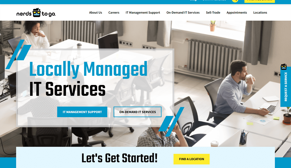 Screenshot of the Nerds To Go website homepage, featuring a modern office with large windows. The headline reads Locally Managed IT Services, highlighting 2025 website design trends and easy access to IT support and computer repair services.