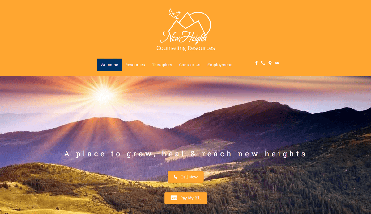 Website homepage for New Heights Counseling Resources features a client-centered, SEO-optimized design with a sun rising over mountains, bright colors, navigation bar, Call Now and Pay My Bill buttons. Slogan: A place to grow, heal & reach new heights.
