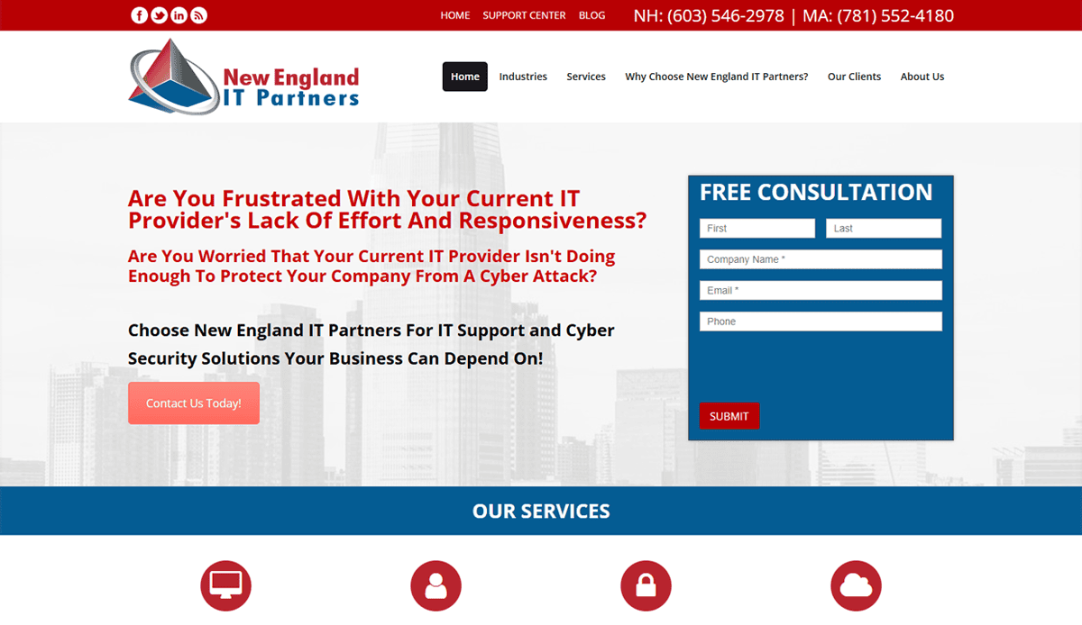 Screenshot of New England IT Partners website design for 2025, displaying a consultation form, headline about IT provider frustration, red contact button, navigation menu, and service icons on a white and blue background.