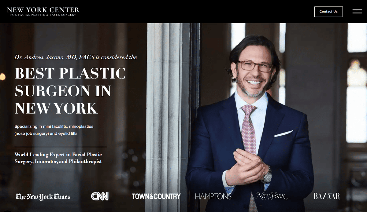 A smiling man in a suit stands by a column inside a bright, elegant room; overlay text highlights Dr. Andrew Jacono, top plastic surgeon at the New York Center for Facial Plastic & Laser Surgery—his expertise helps build trust and convert patients.