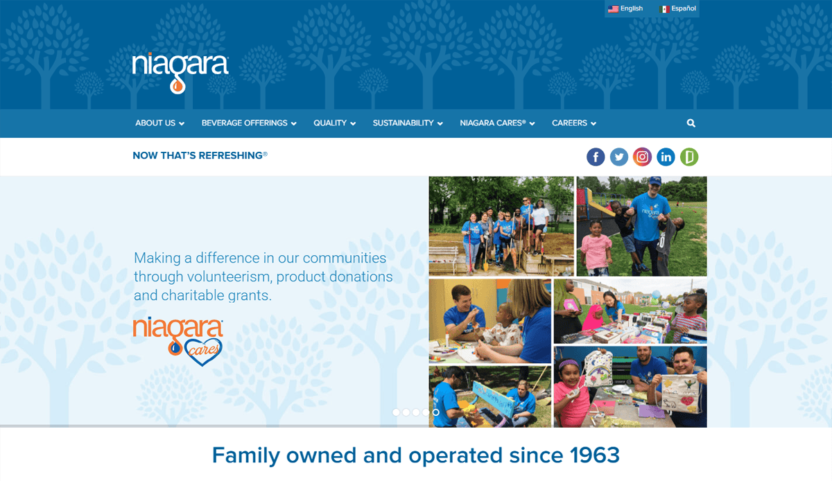 Screenshot of Niagara Bottling’s website showing community service photos, user engagement features, a message about making a difference through volunteerism, the Niagara Cares logo, and text stating Family owned and operated since 1963.