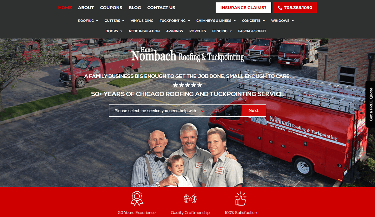 Four men in matching uniforms stand smiling in front of several red Nombach Roofing & Tuckpointing trucks, with business branding, commercial roofing services, and information visible on the website header and navigation bar above them.
